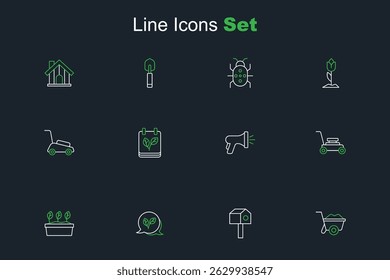 Set line Wheelbarrow, Bird house, Leaf, Plant in pot, Lawn mower, Garden hose, Calendar with autumn leaves and  icon. Vector