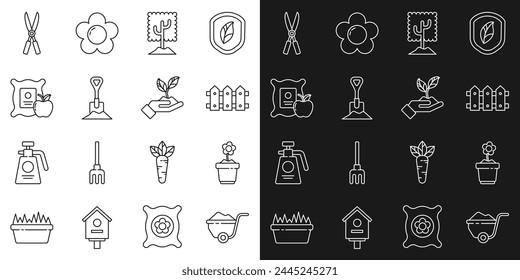 Set line Wheelbarrow with dirt, Flower in pot, Garden fence wooden, Tree, Shovel the ground, Apple sack, Gardening handmade scissors and Plant of environmental icon. Vector