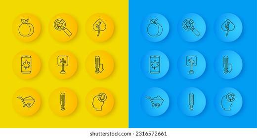 Set line Wheelbarrow with dirt, Leaf on mobile phone, Tree, Human head leaf, Meteorology thermometer, Peach fruit, leaves and Magnifying glass icon. Vector