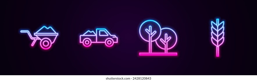 Juego de línea Carretilla con tierra, Camioneta, Árbol y Trigo. Icono de neón brillante. Vector