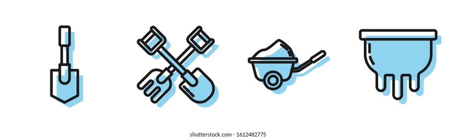 Set line Wheelbarrow with dirt, Shovel, Shovel and rake and Udder icon. Vector