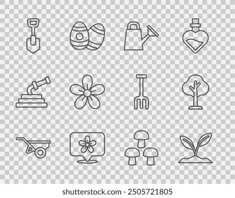 Set line Wheelbarrow with dirt, Sprout, Watering can, Location flower, Shovel, Flower, Mushroom and Forest icon. Vector