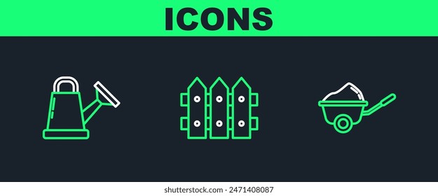 Set line Wheelbarrow with dirt, Watering can and Garden fence wooden icon. Vector