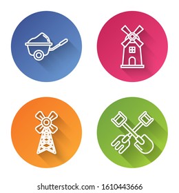 Set line Wheelbarrow with dirt, Windmill, Windmill and Shovel and rake. Color circle button. Vector