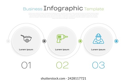 Set line Wheelbarrow, Electric drill machine and Builder. Business infographic template. Vector