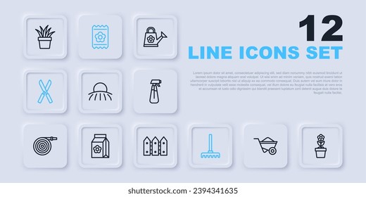 Set line Wheelbarrow, Flower in pot, Sunrise, Garden rake, Gardening scissors, Pack full of seeds,  and fence wooden icon. Vector