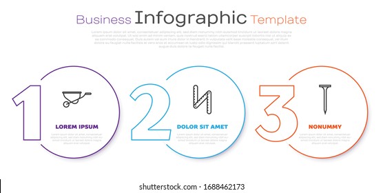 Set line Wheelbarrow, Folding ruler and Metallic nail. Business infographic template. Vector