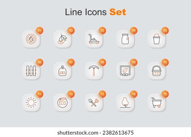 Set line Wheelbarrow, Fruit tree, Shovel and rake, Eco healthy food, Sun, Wicker basket, Seeds of specific plant and Pickaxe icon. Vector