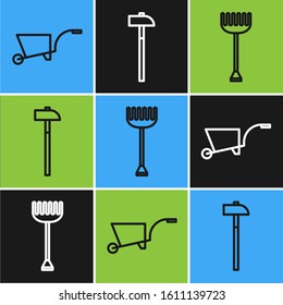 Set line Wheelbarrow, Garden rake and Hammer icon. Vector