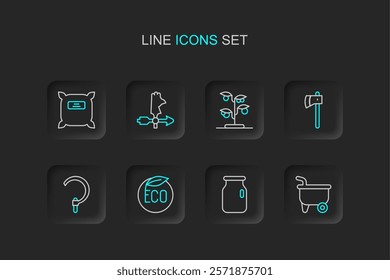 Set line Wheelbarrow, Glass jar with screw-cap, Eco healthy food, Sickle, Wooden axe, Sprout, Rooster weather vane and Pack full of seeds icon. Vector