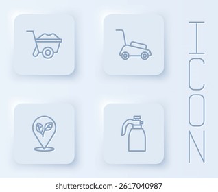 Set line Wheelbarrow, Lawn mower, Location with leaf and Garden sprayer for water. White square button. Vector