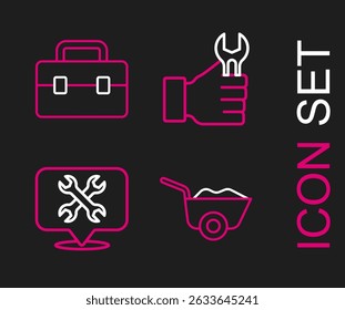 Set line Wheelbarrow, Location with wrench, Wrench spanner and Toolbox icon. Vector