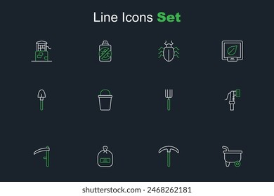 Set line Wheelbarrow, Pickaxe, Pack full of seeds, Scythe, Garden hose, pitchfork, Bucket and Shovel icon. Vector