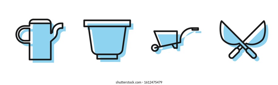 Set line Wheelbarrow, Watering can, Flower pot and Gardening handmade scissors icon. Vector
