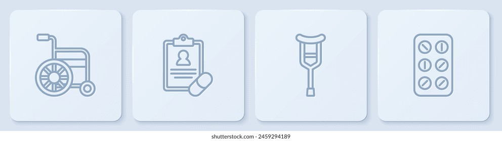 Set line Wheelchair, Crutch or crutches, Medical prescription and Pills in blister pack. White square button. Vector