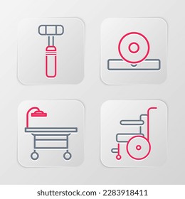 Set line Wheelchair for disabled person, Operating table, Otolaryngological head reflector and Neurology reflex hammer icon. Vector