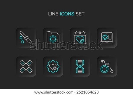 Set line Wheelchair for disabled person, DNA symbol, Heart with cross, Crossed bandage plaster, Clinical record laptop, Doctor appointment, Medical health folder and Pipette icon. Vector