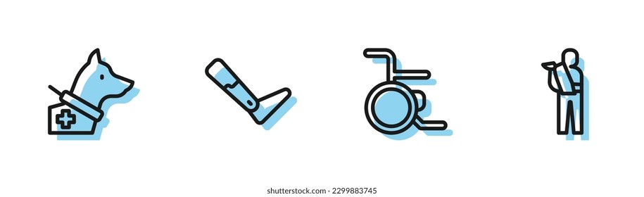 Set line Wheelchair, Guide dog, Prosthesis leg and Human broken arm icon. Vector