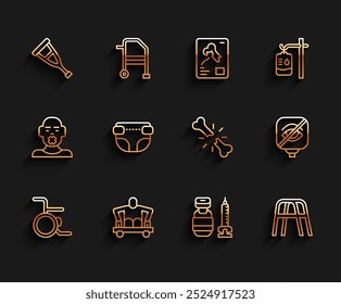 Silla de ruedas, hombre sin piernas sentado silla de ruedas, muletas o muletas, jeringa, caminador, pañal para adultos, ceguera e icono de hueso roto humano. Vector