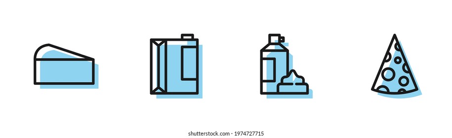 Set line Whipped cream in bottle, Cheese, Paper package for kefir and  icon. Vector