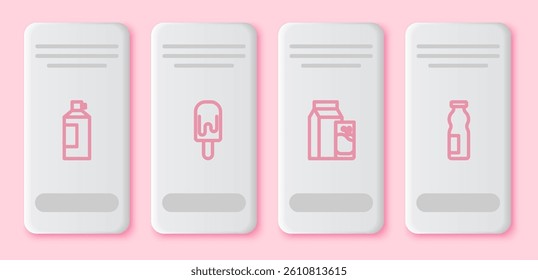 Set line Whipped cream in bottle, Ice, Paper package for kefir and Drinking yogurt. White rectangle button. Vector