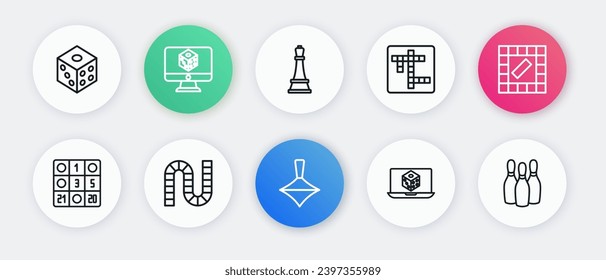 Set line Whirligig toy, Board game, Bingo card, Game dice, Crossword, Chess, Bowling pin and  icon. Vector