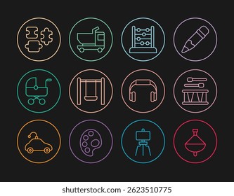 Set line Whirligig toy, Drum with drum sticks, Abacus, Swing, Baby stroller, Puzzle pieces, Headphones and Toy truck icon. Vector