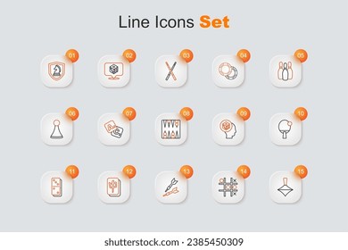 Set line Whirligig toy, Tic tac toe game, Dart arrow, Mahjong pieces, Domino, Racket, Game dice and Backgammon board icon. Vector
