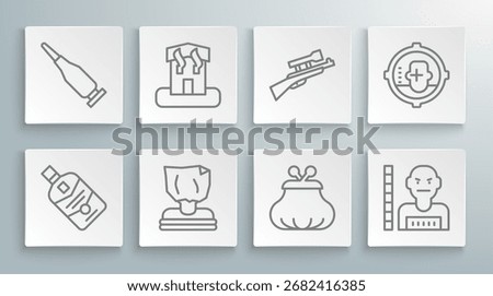 Set line Whiskey bottle, Arson home, Kidnaping, Wallet, Suspect criminal, Sniper rifle with scope, Headshot and Bullet icon. Vector