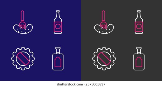 Set line Whiskey bottle, Bottle cap, Beer and Pickled cucumber on fork icon. Vector