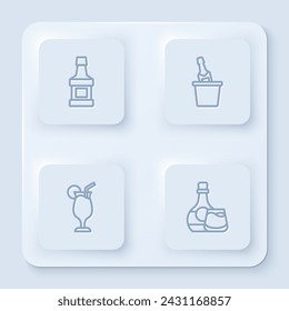 Set line Whiskey bottle, Champagne in an ice bucket, Cocktail and and glass. White square button. Vector