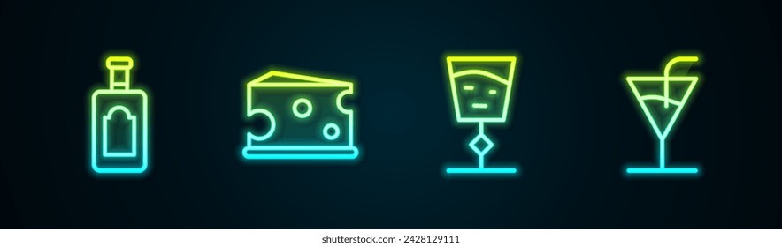 Set line Whiskey bottle, Cheese, Wine glass and Cocktail. Glowing neon icon. Vector