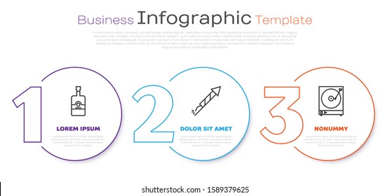 Set line Whiskey bottle , Firework rocket  and Vinyl player with a vinyl disk . Business infographic template. Vector