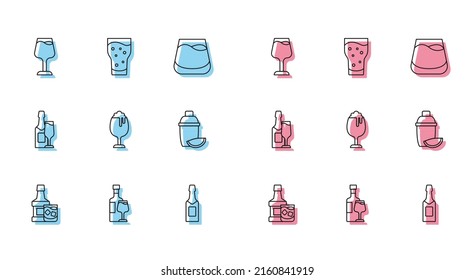 Set line Whiskey bottle and glass, Wine with, Champagne, Glass of beer, Cocktail shaker lime,  and  icon. Vector