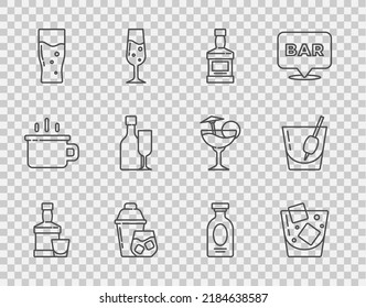 Set line Whiskey bottle and glass, Glass of whiskey, Cocktail shaker, beer, Wine with, Alcohol drink Rum and Bloody Mary icon. Vector