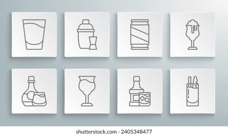 Set line Whiskey bottle and glass, Cocktail shaker, Wine, Bloody Mary, Beer can, Glass of beer and Shot icon. Vector