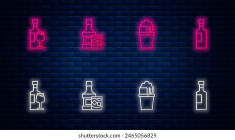 Set line Whiskey bottle and glass, Glass of beer, Wine with and . Glowing neon icon on brick wall. Vector