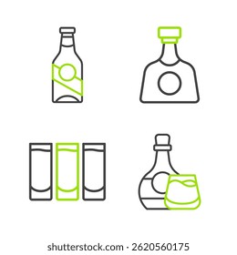 Definir linha garrafa de uísque e vidro, Tiro, Tequila e ícone de cerveja. Vetor
