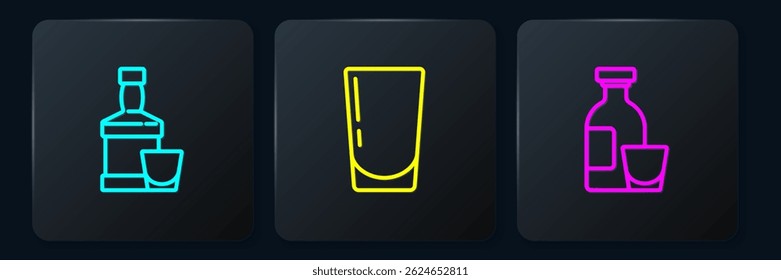 Set line Whiskey bottle and glass, Alcohol drink Rum and Glass with water. Black square button. Vector