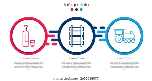 Set line Whiskey bottle and glass, Railway, railroad track and Retro train. Business infographic template. Vector