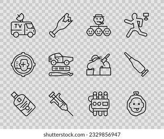 Set line Whiskey bottle, Murder, Mafia, Syringe, TV News car, Car theft, Dynamite and timer clock and Bullet icon. Vector