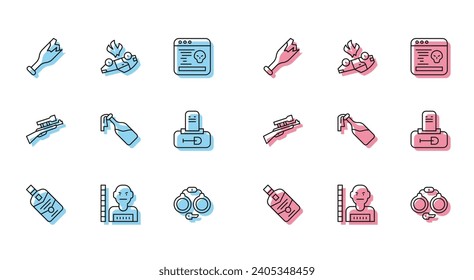 Set line Whiskey bottle, Suspect criminal, Broken as weapon, Handcuffs, Cocktail molotov, Grave with tombstone, Sniper rifle scope and Burning car icon. Vector