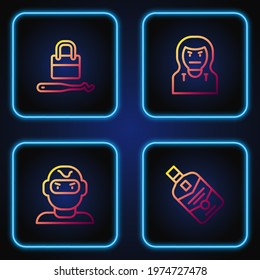 Set line Whiskey bottle, Thief mask, Lock picks for lock picking and . Gradient color icons. Vector