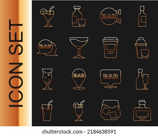 Set line Whiskey bottle, Wine with glass, Cocktail shaker, Street signboard Bar,  and Coffee cup to go icon. Vector