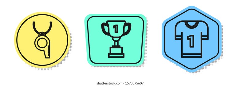 Set line Whistle, Award cup and American football jersey. Colored shapes. Vector