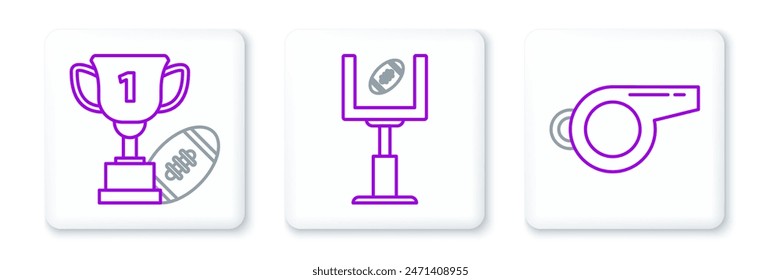 Set line Whistle, Award cup and American football ball and goal post icon. Vector