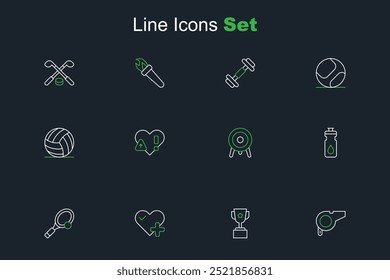 Definir linha Assobio, Copa do prêmio, Frequência cardíaca, Raquete de tênis com bola, Aperto de fitness, Esporte alvo, e ícone de Voleibol. Vetor