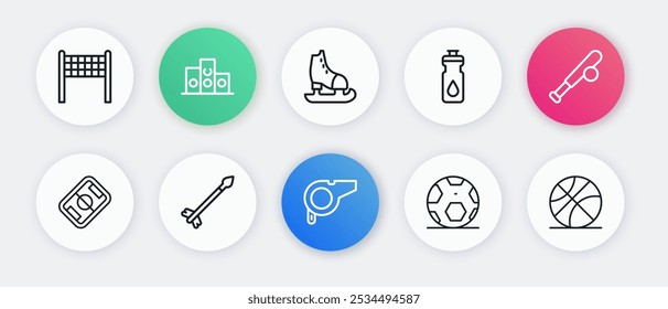 Set line Whistle, Baseball bat with ball, Football field, Soccer football, Fitness shaker, Skates, Basketball and Medieval arrows icon. Vector