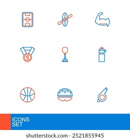 Set line Whistle, Bicycle helmet, Basketball ball, Fitness shaker, Medal, Punching bag, Bodybuilder showing muscles and Kayak and paddle icon. Vector