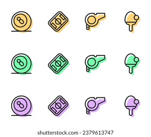 Set line Whistle, Billiard pool snooker ball, Football field and Racket icon. Vector